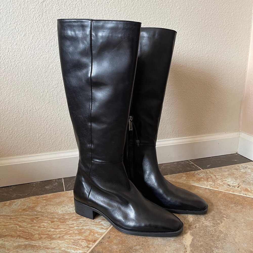 Zara Cow Leather Mid Calf Flat Boots Black 7.5 2051/610
